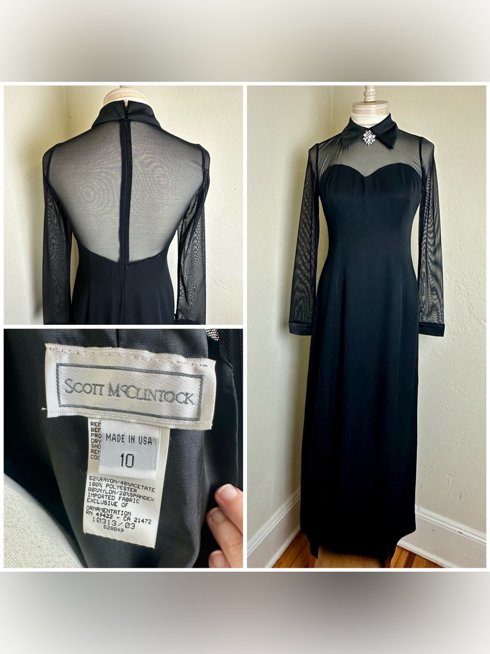 VTG 90's Scott McClintock Tuxedo Mesh Black Maxi Formal Dress Sz 10 USA Made!